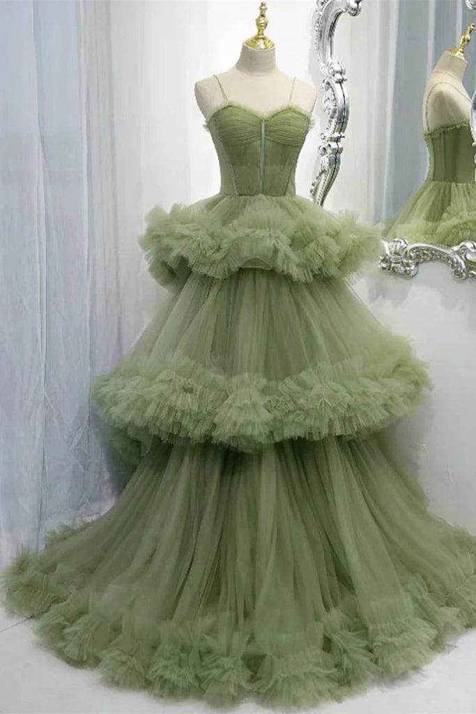 Elegantes, plissiertes grünes Ballkleid aus Tüll mit Trägern, PSK417