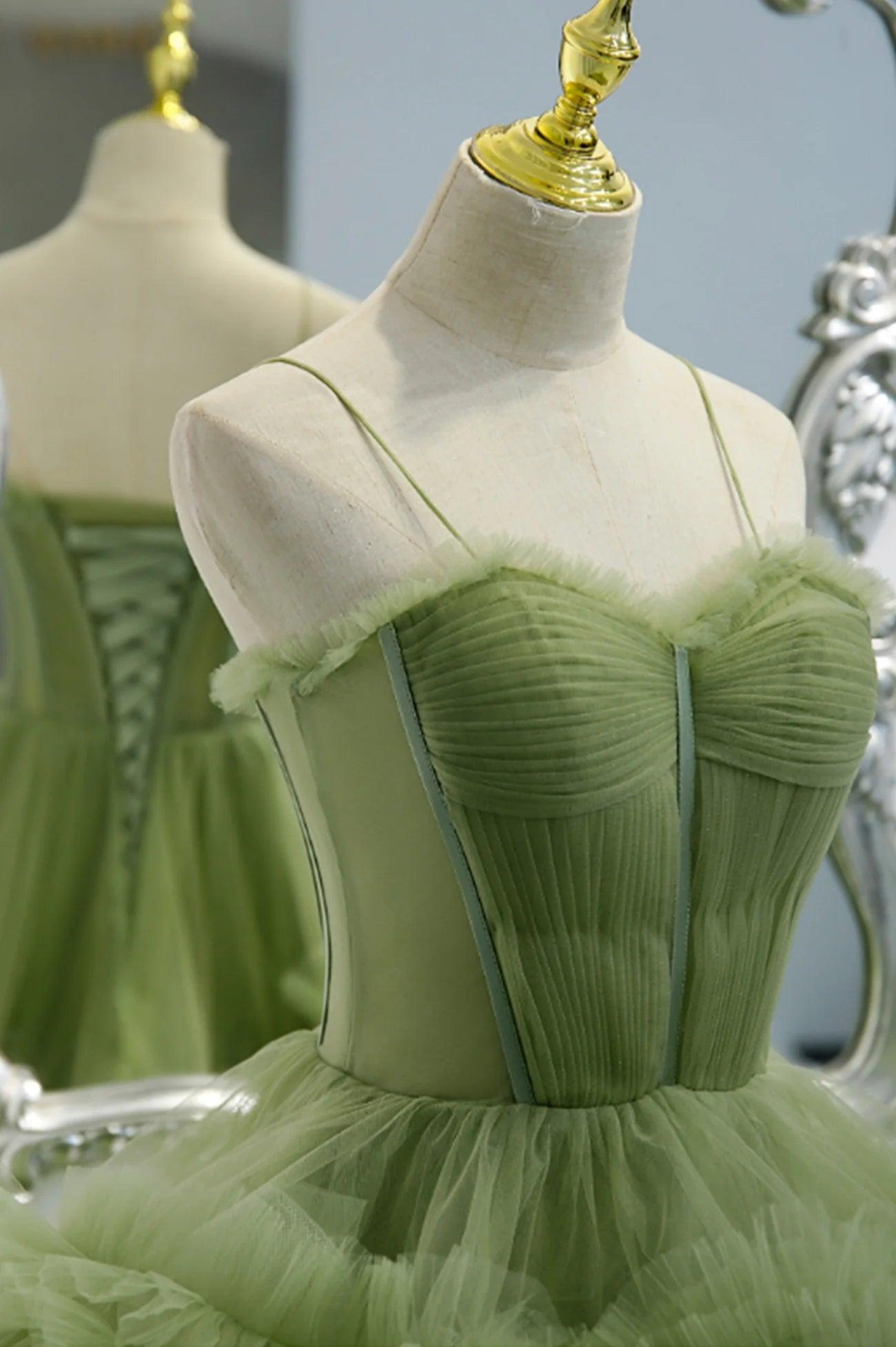 Elegantes, plissiertes grünes Ballkleid aus Tüll mit Trägern, PSK417