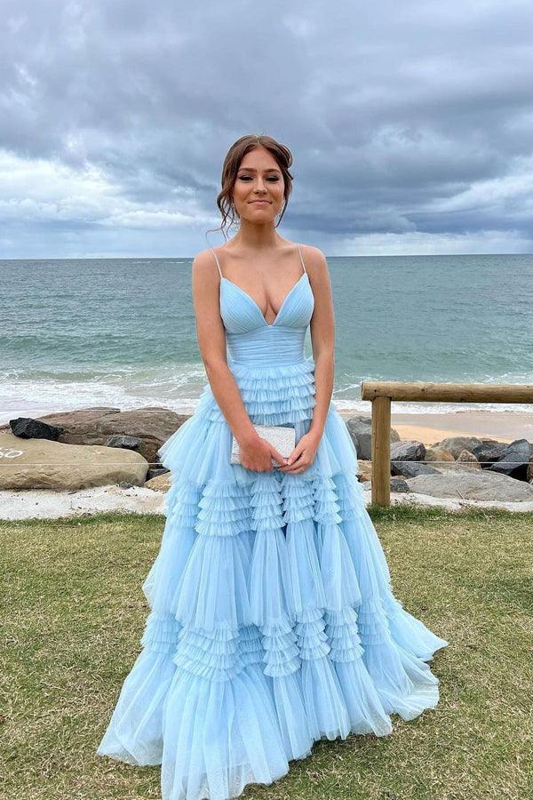 Elegant Tulle Ball Gown V Neck Side Split Layered Long Prom Dress