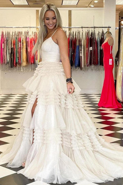Elegantes Ballkleid aus Tüll mit V-Ausschnitt, seitlichem Schlitz und mehreren Lagen, langes Ballkleid PSK392