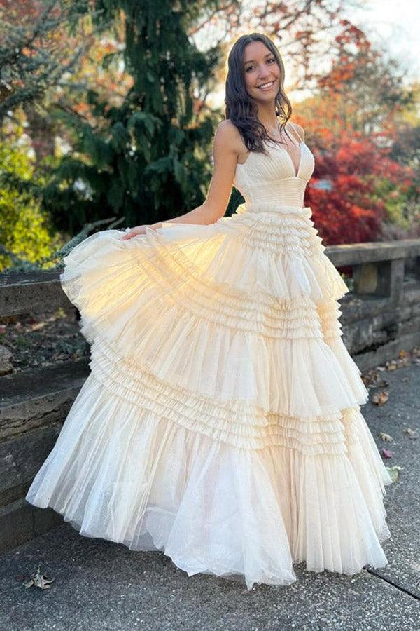 Elegantes Ballkleid aus Tüll mit V-Ausschnitt, seitlichem Schlitz und mehreren Lagen, langes Ballkleid PSK392
