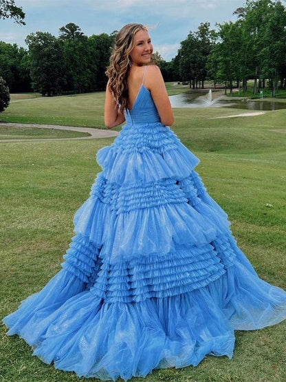 Elegantes Ballkleid aus Tüll mit V-Ausschnitt, seitlichem Schlitz und mehreren Lagen, langes Ballkleid PSK392