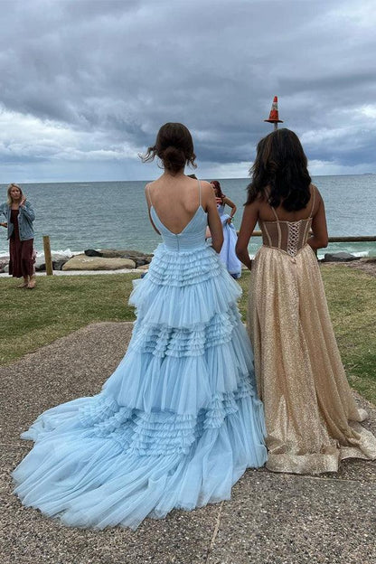 Elegantes Ballkleid aus Tüll mit V-Ausschnitt, seitlichem Schlitz und mehreren Lagen, langes Ballkleid PSK392