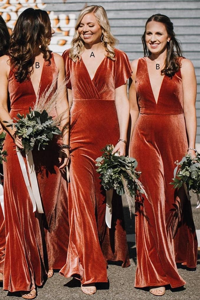 Vestido de dama de honor color cobre con escote en V y corte sirena para invitada de boda SCB32