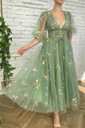 Elegantes vestidos de fiesta cortos de media manga con escote en V y largo hasta el té verde PSK362