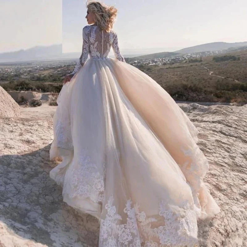 Elegent Travel Vestidos De Novia Appliques Vestido De Noiva Long Sleeves Wedding Dresses Lace Robe De Mariée-payinti