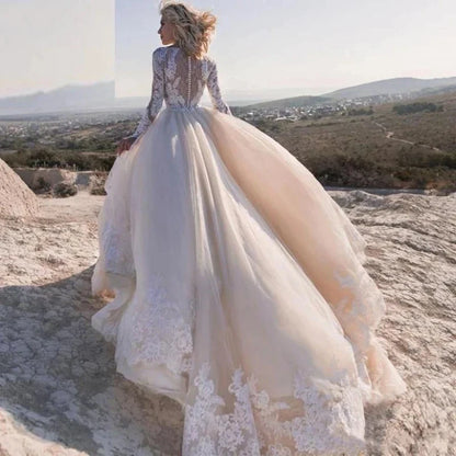 Elegent Travel Vestidos De Novia Appliques Vestido De Noiva Long Sleeves Wedding Dresses Lace Robe De Mariée-payinti