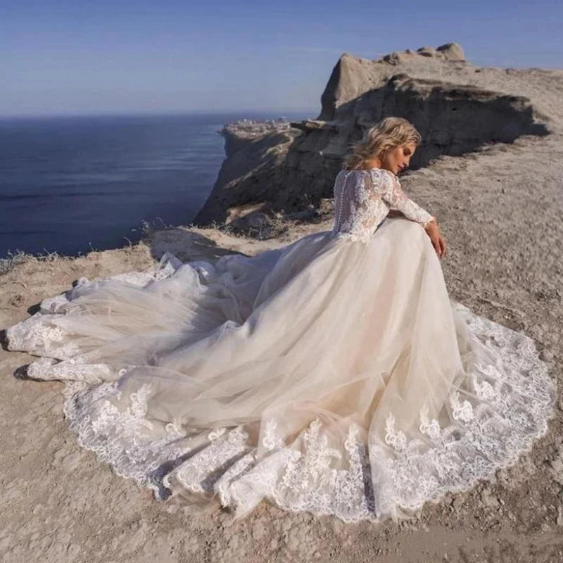 Elegent Travel Vestidos De Novia Appliques Vestido De Noiva Long Sleeves Wedding Dresses Lace Robe De Mariée-payinti