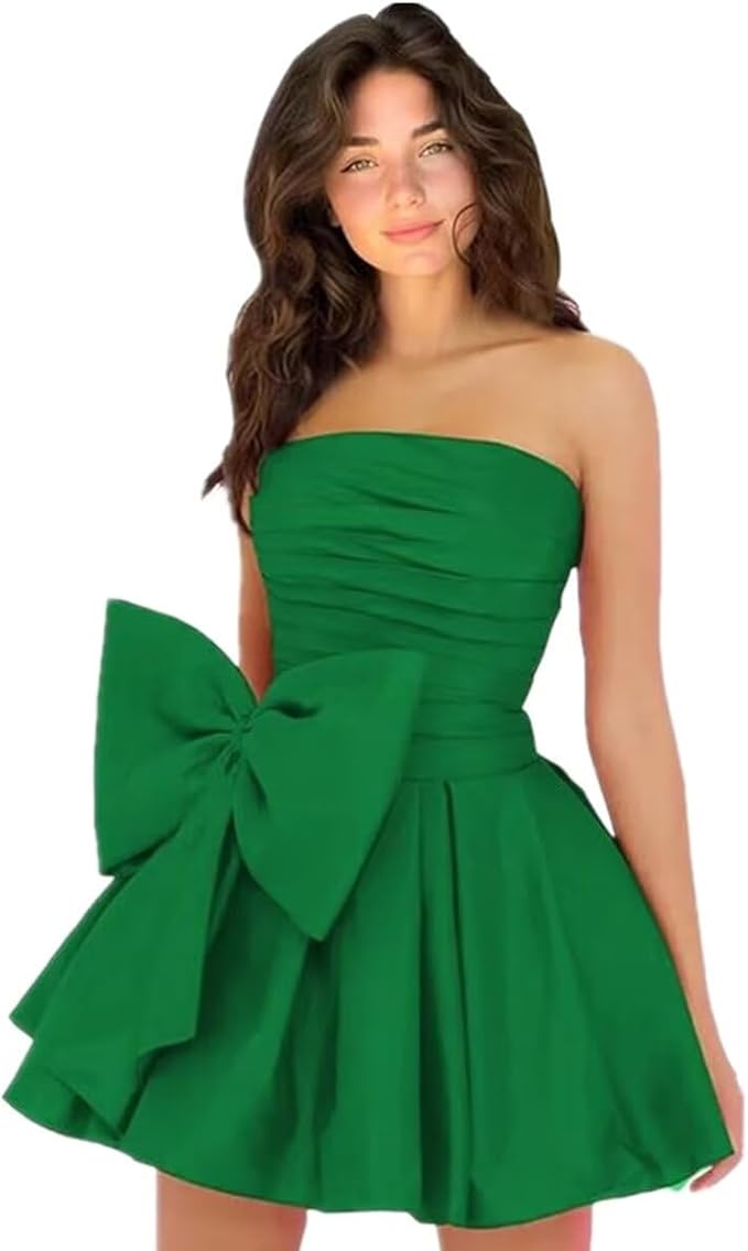 Vestidos de fiesta cortos y elegantes de corte A, sin mangas, sin tirantes, fruncidos, con cordones y lazo