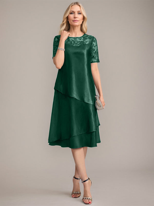 Vestido de madre de la novia con corte en A, escote redondo y largo hasta la rodilla, con apliques y lentejuelas