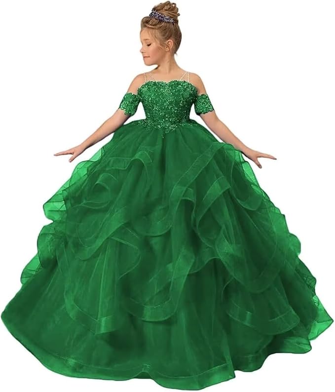 Schulterfreies Blumenmädchenkleid für Hochzeit mit Perlenbesetzten Prinzessinnen-Festzugskleidern 