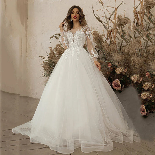 Exquisite Ivory Wedding Dresses Long Sleeve Appliques Lace 3D Flowers Modern Tulle Boho Bride Gown vestidos de novia Beach-payinti