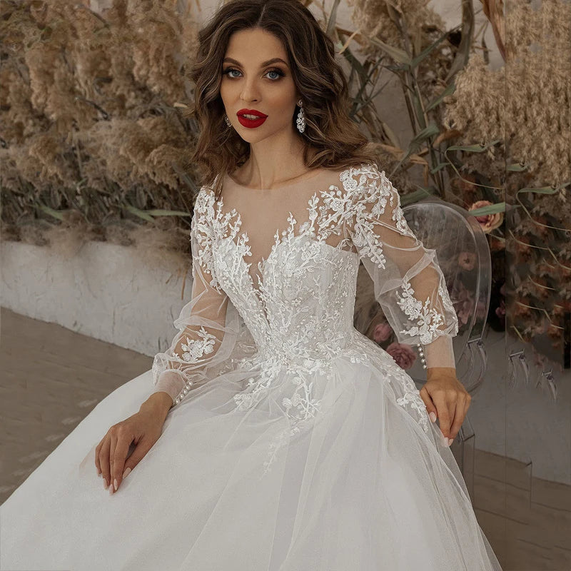 Exquisite Ivory Wedding Dresses Long Sleeve Appliques Lace 3D Flowers Modern Tulle Boho Bride Gown vestidos de novia Beach-payinti