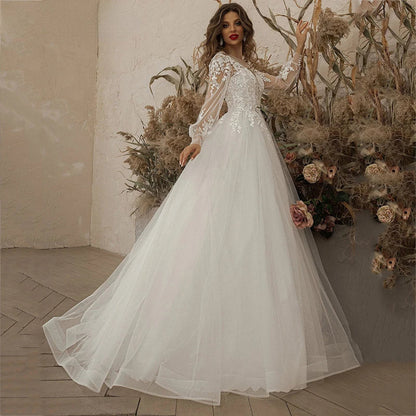 Exquisite Ivory Wedding Dresses Long Sleeve Appliques Lace 3D Flowers Modern Tulle Boho Bride Gown vestidos de novia Beach-payinti