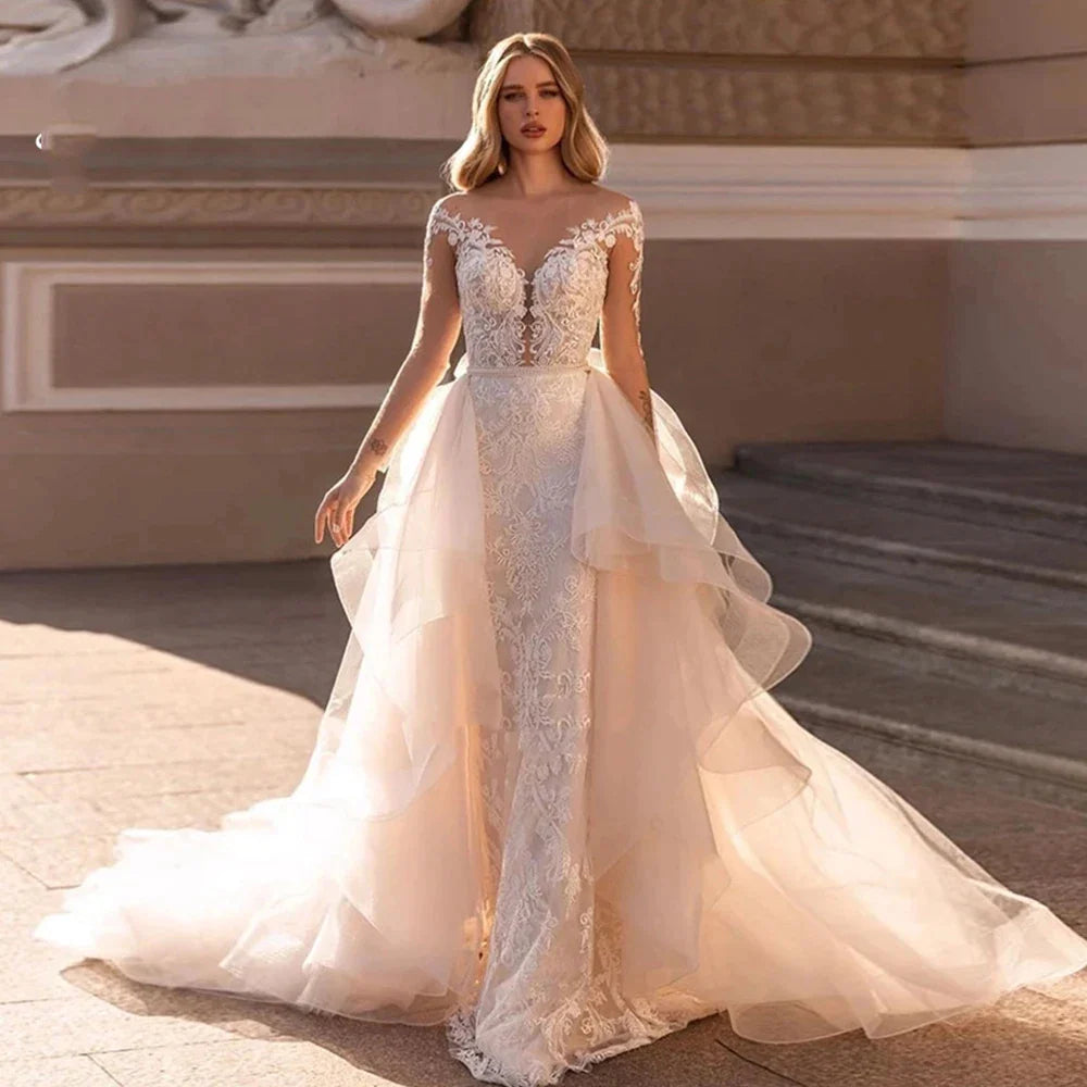 Exquisite Lace Mermaid Mopping Wedding Dresses New V-Neck Tulle Bridal Gown For Women With For Women Made Robe Customize-payinti