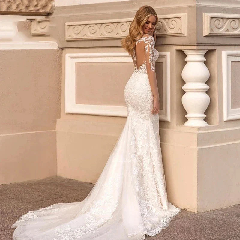 Exquisite Lace Mermaid Mopping Wedding Dresses New V-Neck Tulle Bridal Gown For Women With For Women Made Robe Customize-payinti