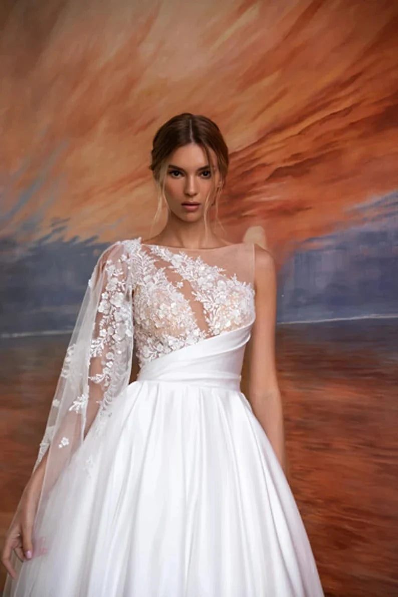 Exquisite Off Shoulder With Sleeves Beach A-Line Fluffy Mopping Sexy Backless Wedding Dresses Lace Backless Court Train Simple-payinti