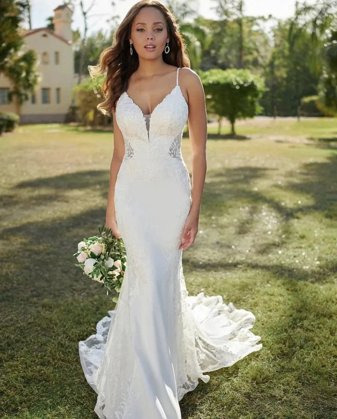 Exquisite Sexy Backless Wedding Dresses Sleeveless Lace Flower Mermaid Vintage Ball Gowns Formal V Neck Woman's Beach Party Gala-payinti