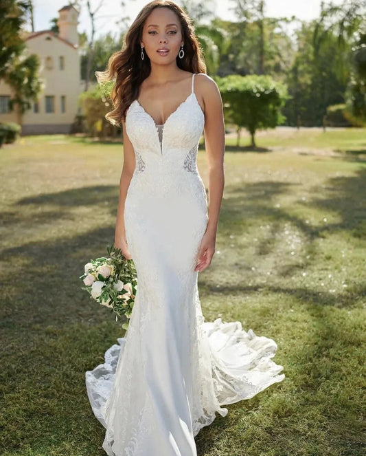 Exquisite Sexy Backless Wedding Dresses Sleeveless Lace Flower Mermaid Vintage Ball Gowns Formal V Neck Woman's Beach Party Gala-payinti