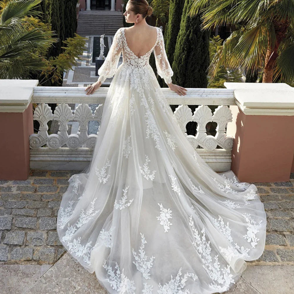 Exquisite Wedding Dresses For Women V Neck Lace Applique A Line Bridal Gowns With Long Puff Sleeves Vestido De Noiva-payinti