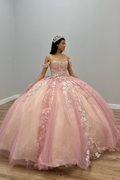 Schulterfreies Ballkleid Quinceanera-Kleid mit Tüllapplikationen in Rosa Y5882
