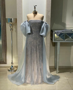 Vestido de fiesta de tul azul polvoriento sin tirantes hasta el suelo para ocasiones especiales Y4910