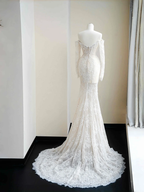 Romantisches weißes Spitzenapplikationen Tüll Pailletten Meerjungfrau Ballkleid Off Shoulder Abendkleid Y8663