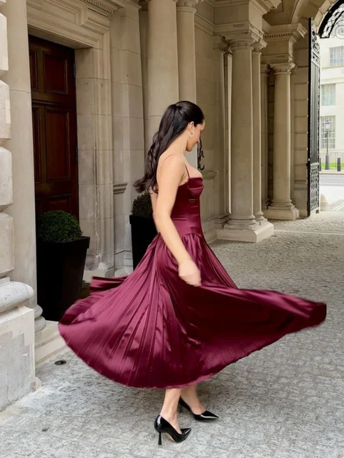Vintage A-Linie Träger Burgund Satin Langes Ballkleid Abendkleid Y7994