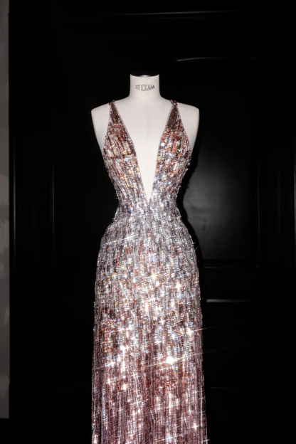 Vestido de noche largo de lujo con escote en V profundo y lentejuelas, sin espalda, vestido formal de fiesta Y8683