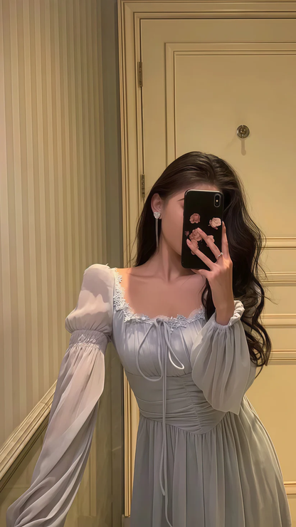 Graues Chiffon-Partykleid mit langen Ärmeln und Spitze, elegantes Abschlussball-/Abendkleid Y8021