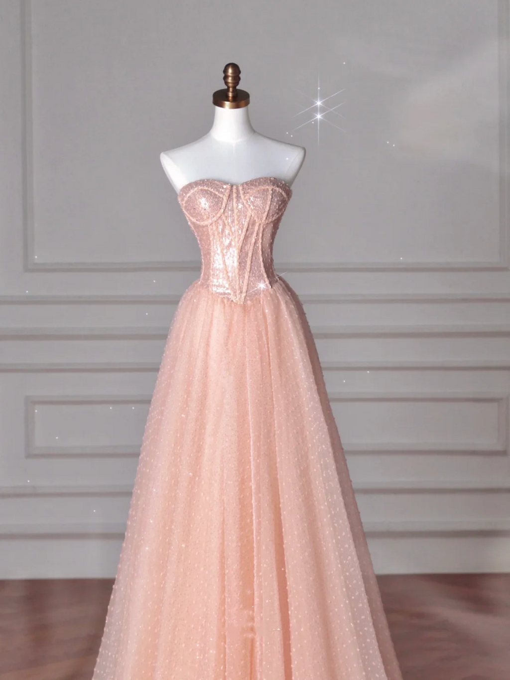 Vestido de noche largo de tul con lentejuelas, sin tirantes, color rosa melocotón, corte A, Y8645
