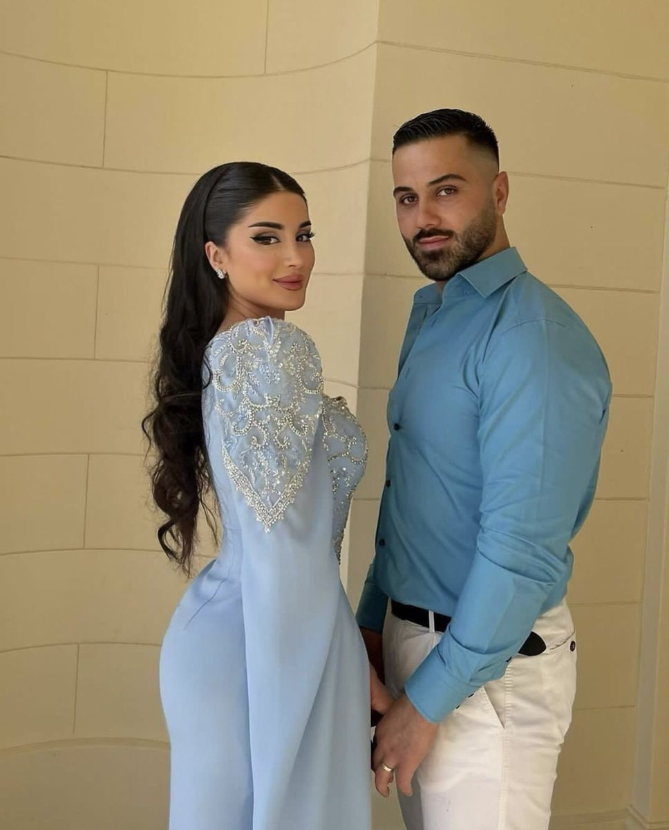 Elegante vestido de noche de lujo con lentejuelas y cuentas azules, ribete de satén y chal, estilo árabe dubaití, vestido de fiesta musulmán Y4669