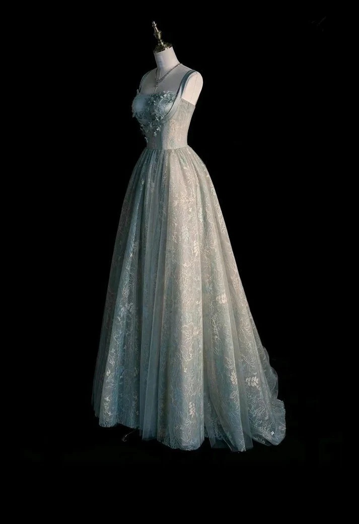 Charmantes Salbeigrünes langes Tüll-Spitzen-Ballkleid A-Linie Party-Abendkleid Y7544