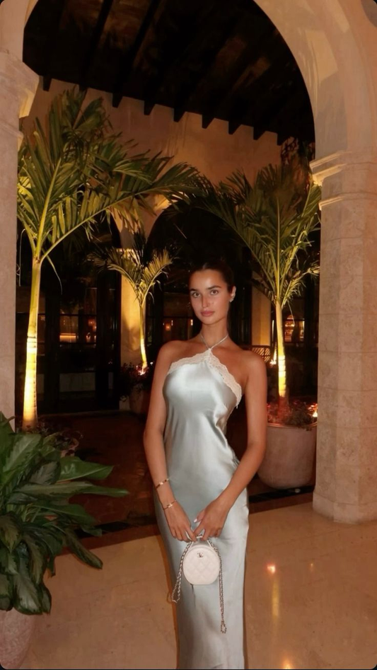 Sexy Neckholder Satin Spitze Party Abendkleid Y8169
