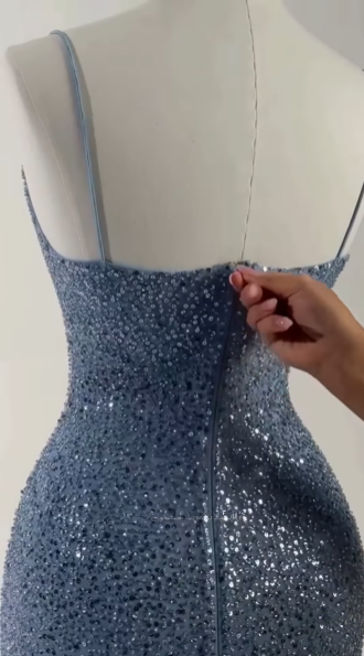Wunderschönes blaues Pailletten-Etuikleid mit Perlen, langes Ballkleid, formelles Abendkleid Y8512