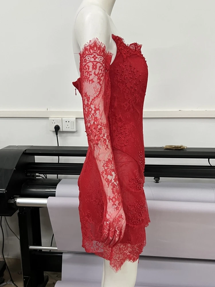Vestido mini de encaje rojo para fiesta de bienvenida, vestido rojo de fiesta Y7387