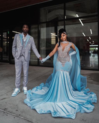 Himmelblaues Samt-Abendkleid mit silbernen Kristallen, luxuriöses Abendkleid Y5764