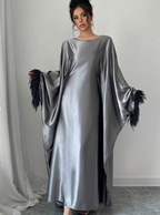 Mode Satin Langes Abendkleid Lange Ärmel Ballkleid Mit Federn Y7571
