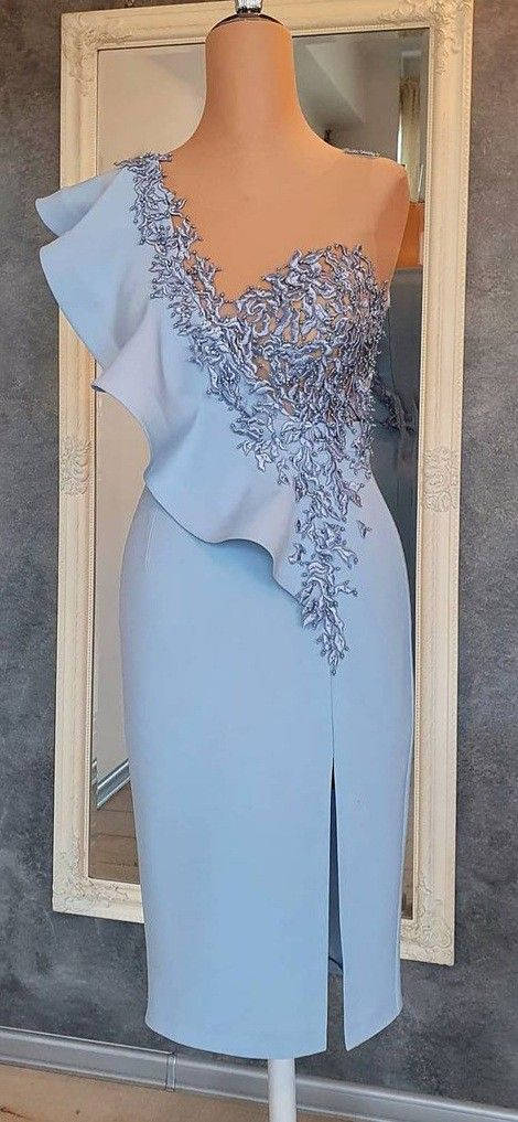 Vestido de fiesta corto azul elegante con corte tubo, vestido de regreso a casa azul Y6427