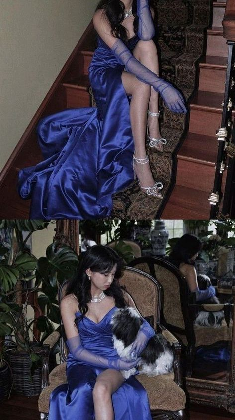 Elegante vestido de noche largo de satén azul, vestido de desfile Y2621