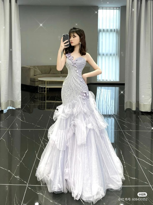 Vestido de noche con tul, lentejuelas y cuentas, corte sirena lila, Y8224
