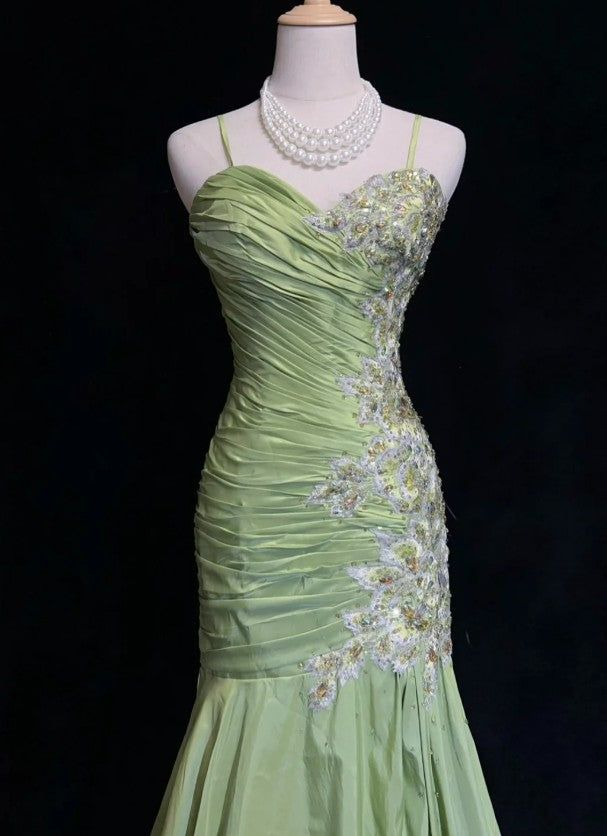 Vestido de noche vintage de sirena verde de satén con cuentas y lentejuelas, vestido de fiesta largo con tirantes finos Y8556