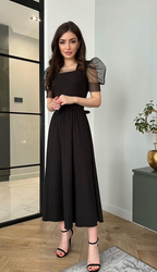 A-Linie Puffärmel Abendkleid Schwarz Einfaches Partykleid mit quadratischem Kragen für Frauen Y4558