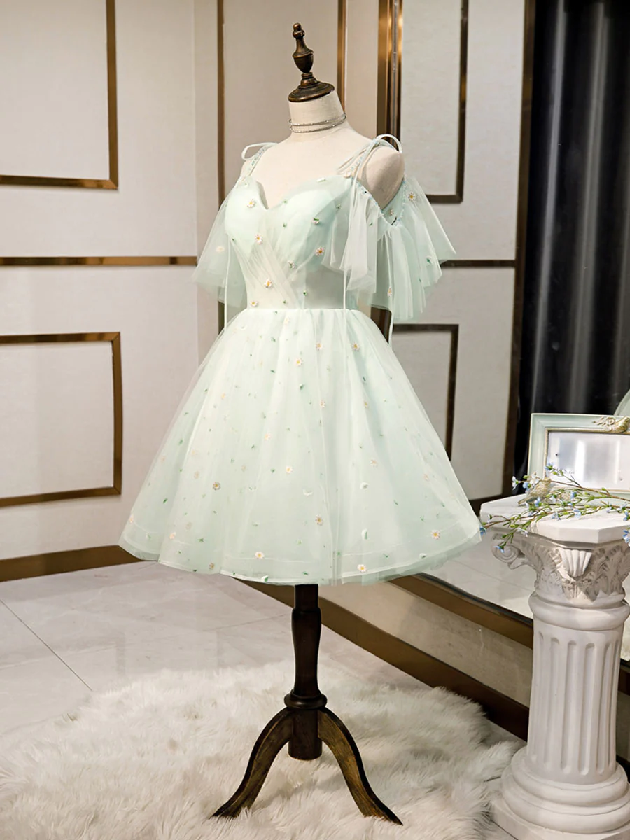 Vestidos cortos de tul con escote corazón, sencillos y abullonados, color verde, para el regreso a casa Y2409