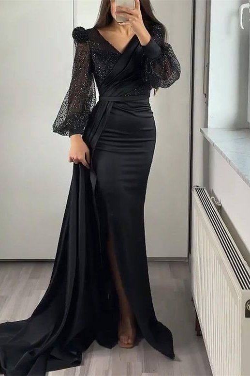 Pailletten V-Ausschnitt Lange Ärmel Meerjungfrau Split Abendkleid Mit Rüschen Y5554