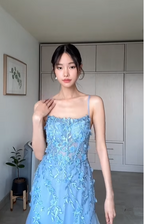 Vestido de noche largo estilo sirena con apliques de tul azul elegante Y8156