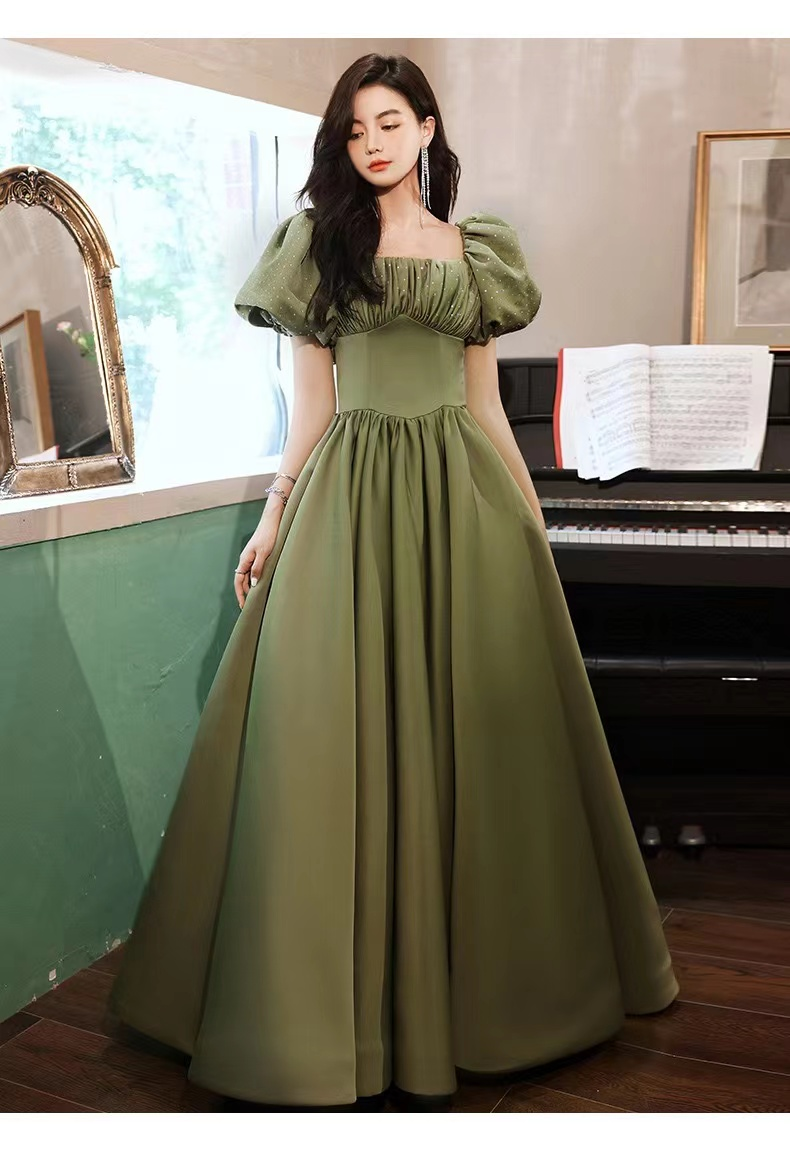 Green Evening Dress Temperament Long Bubble Sleeve Princess Dress Y4315