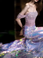 Glitzerndes, schulterfreies, perlenbesetztes, paillettenbesetztes Meerjungfrau-Abschlussball-Abendkleid in Lila Y8182