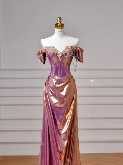 Vestido de fiesta elegante de sirena con cuentas de satén morado y hombros descubiertos, vestido de noche largo Y8605