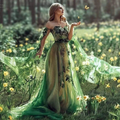 Einzigartiges grünes schulterfreies Abendkleid mit langen Ärmeln und Tüll-Spitzenapplikationen, formelles Party- und Abschlussballkleid Y8390
